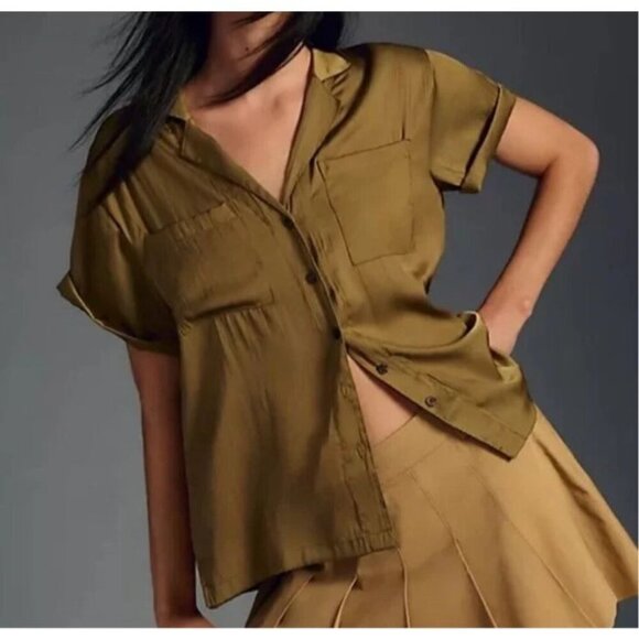 Anthropologie Tops - By Anthropolgie Classic Surf Shirt Olive Green Silky Size Medium